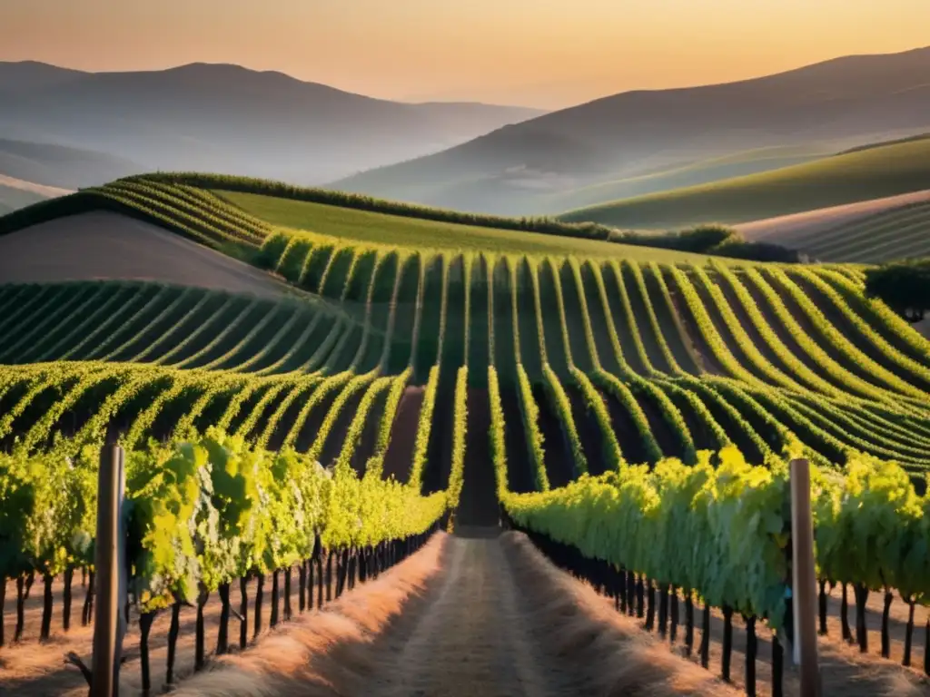 Sereno atardecer en viñedo, filas de vides alineadas, colinas verdes y cielo en tonos pastel