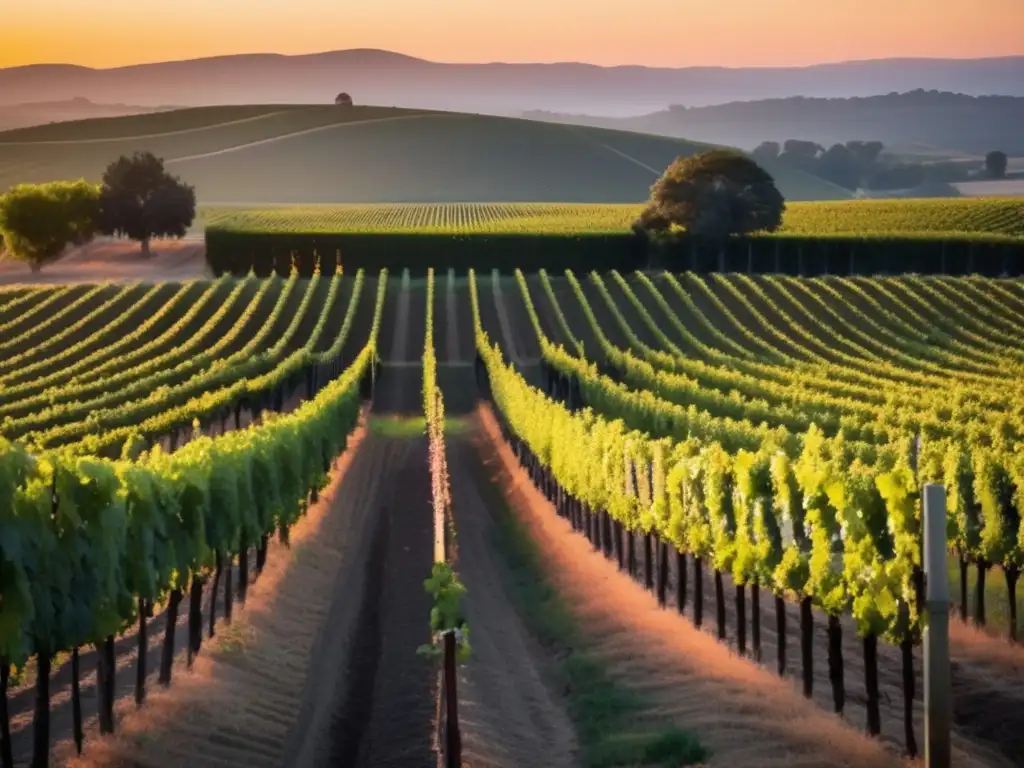 Sereno viñedo al atardecer: Desafíos producción vinos veganos