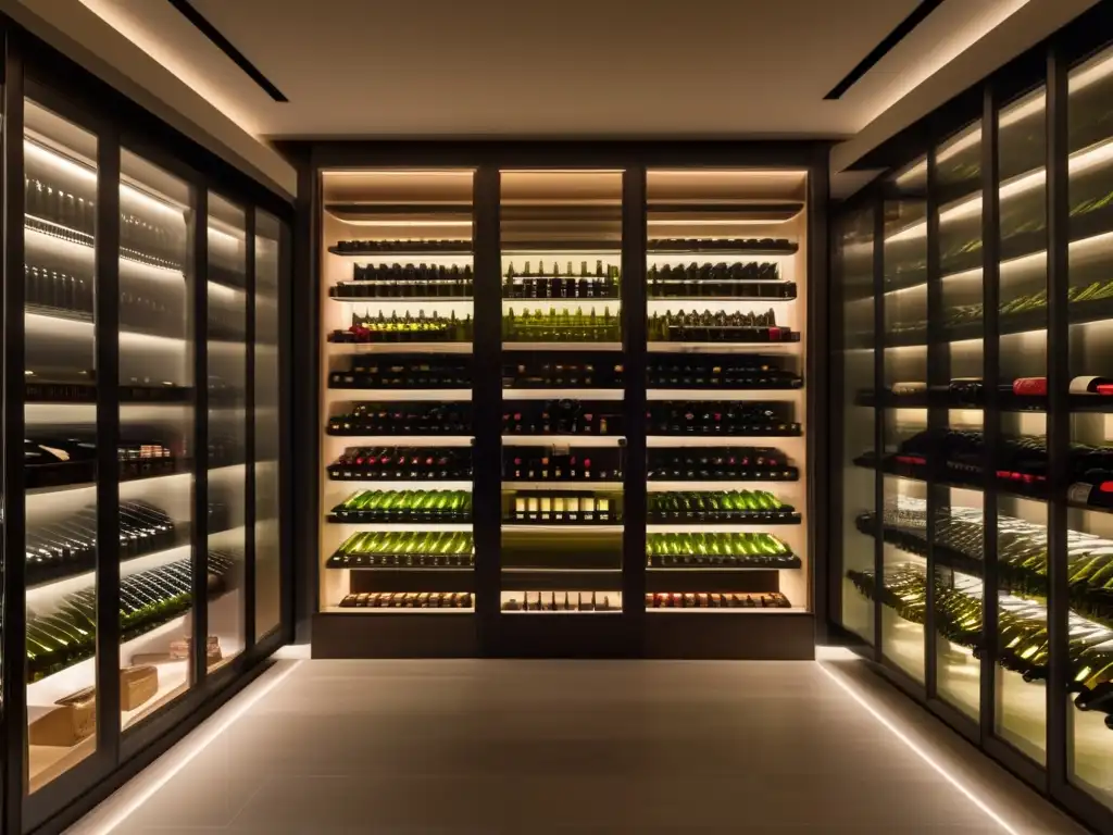 Serie de TV sobre vinos en un elegante y minimalista cellar con botellas cuidadosamente organizadas