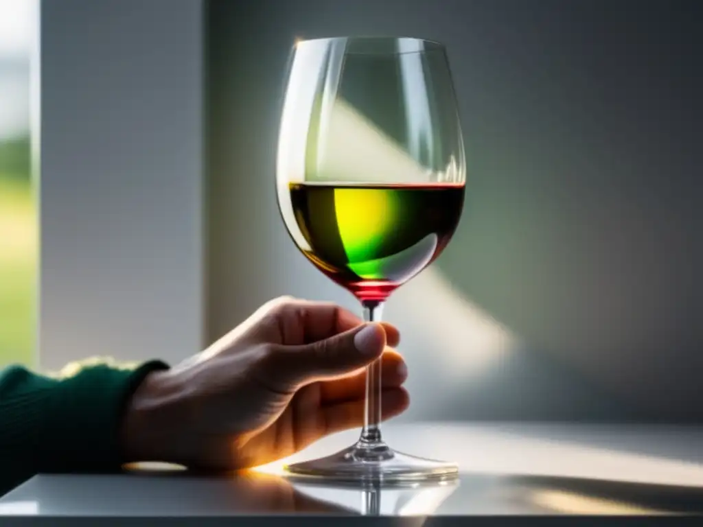 Significado certificaciones verdes vino: mano sosteniendo copa de vino con luz y colores reflejados