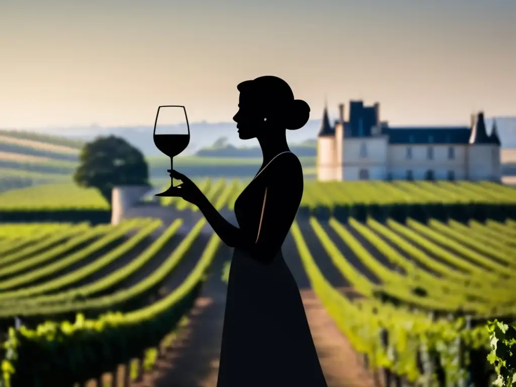 Silueta elegante de mujer sosteniendo copa de vino en Château Margaux, viñedo icónico