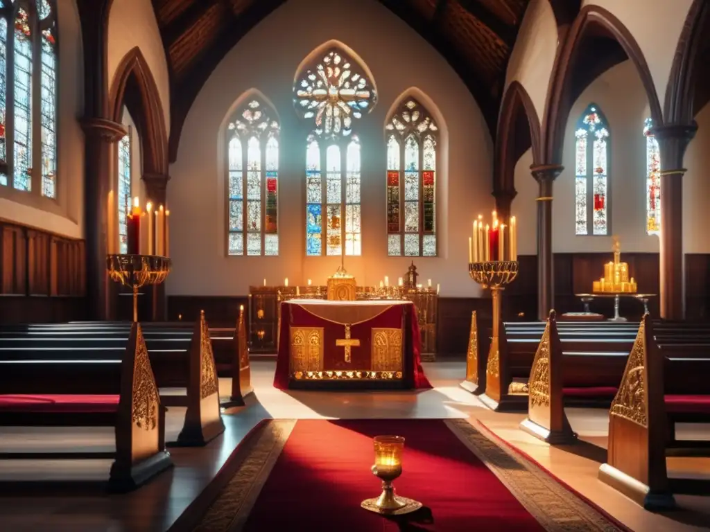 Iconografía vino símbolos pintura religiosa: Interior sereno de iglesia medieval con vitrales altos y altar adornado con chalice y vino rojo