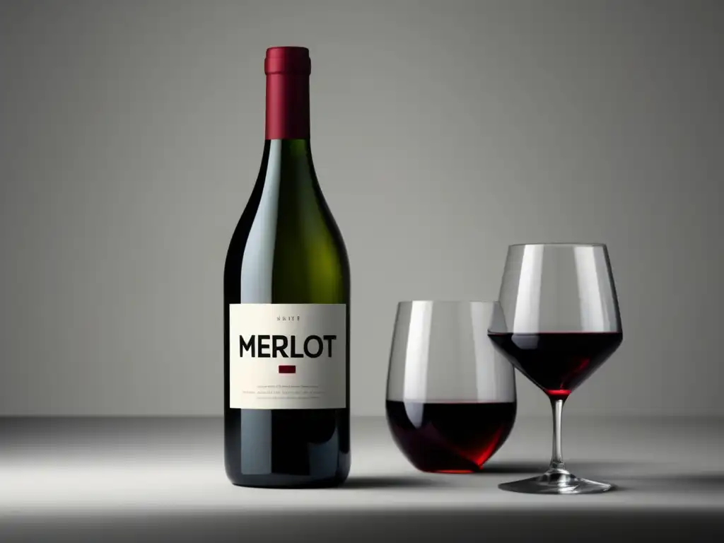 Simplificación artística del vino Merlot: Botella minimalista de vino Merlot, 8k, con etiqueta destacando la palabra 