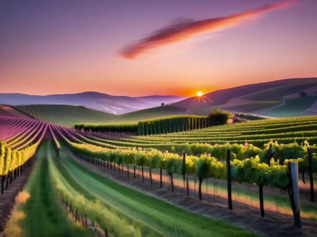 Sinergia cultural vino y arte en una imagen 8k de una serena viña rodeada de colinas, con un cielo vibrante al atardecer