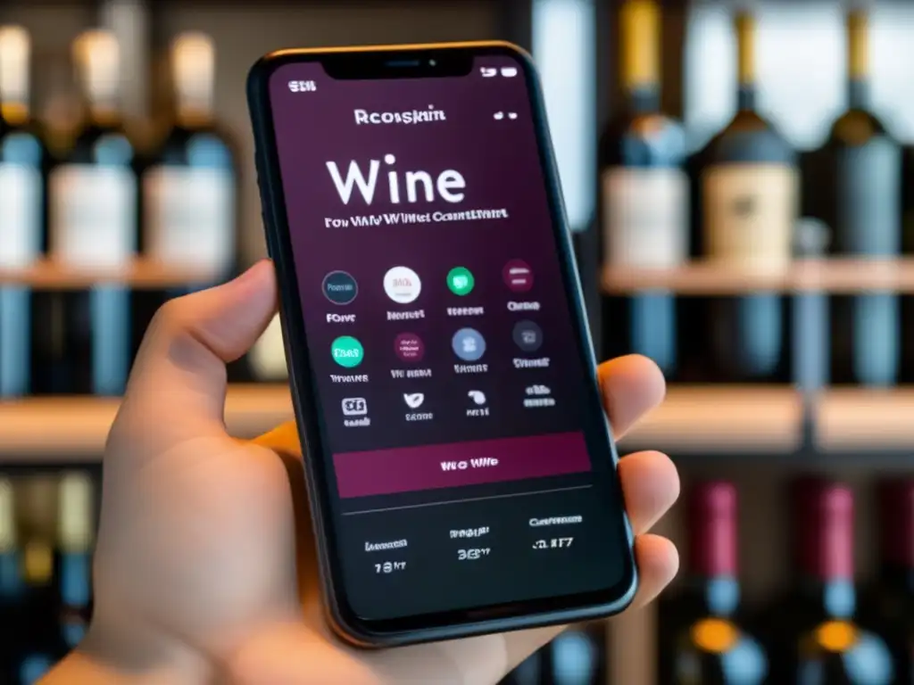 Smartphone muestra aplicación de vino con herramientas de consumo responsable