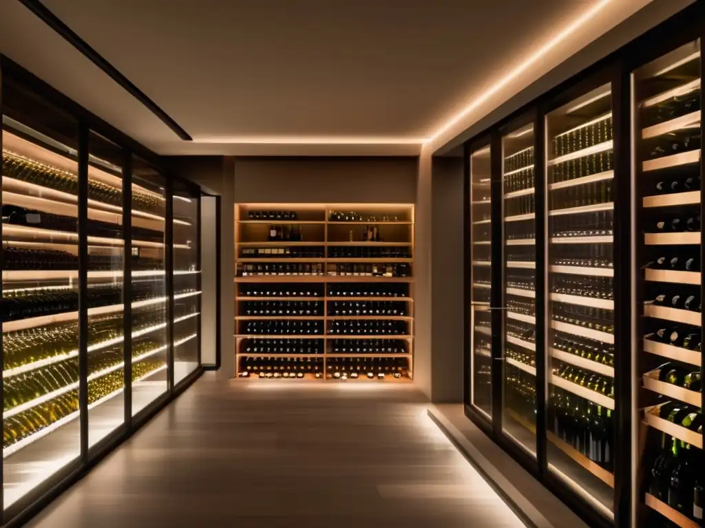 Sofisticada bodega minimalista con botellas de vino ordenadas y ambiente cálido