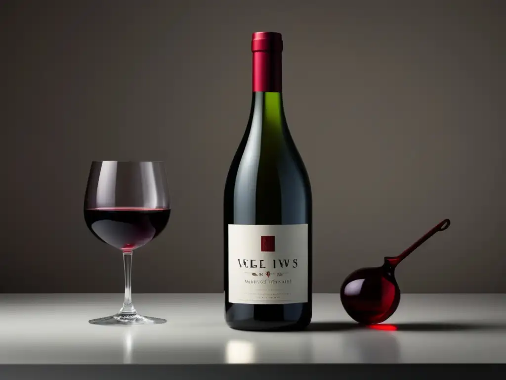 Soluciones estables para vinos - Botella de vidrio transparente con vino rojo intenso y elegante copa de vino