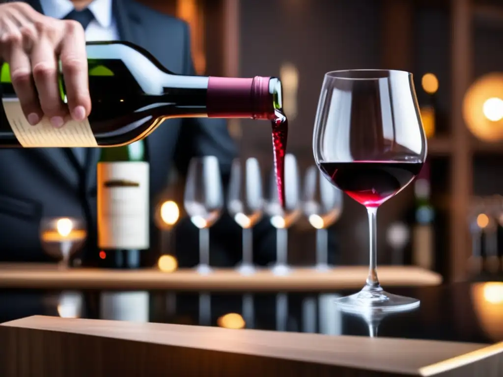 Un sommelier experto en vinos, elegante y exclusivo, vierte vino tinto en una copa de cristal