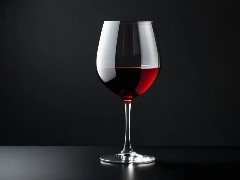 Un sommelier comprendiendo vinos: copa de vino tinto, superficie negra, juego de luces y sombras