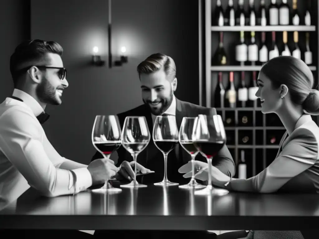 Sommeliers jóvenes redefiniendo el gusto vinícola - Imagen de grupo en un elegante y moderno bar de vinos con minimalismo sofisticado