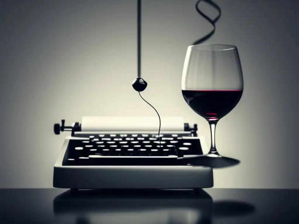 Vino surrealismo literario en imagen de copa de vino y máquina de escribir vintage suspendida en el aire