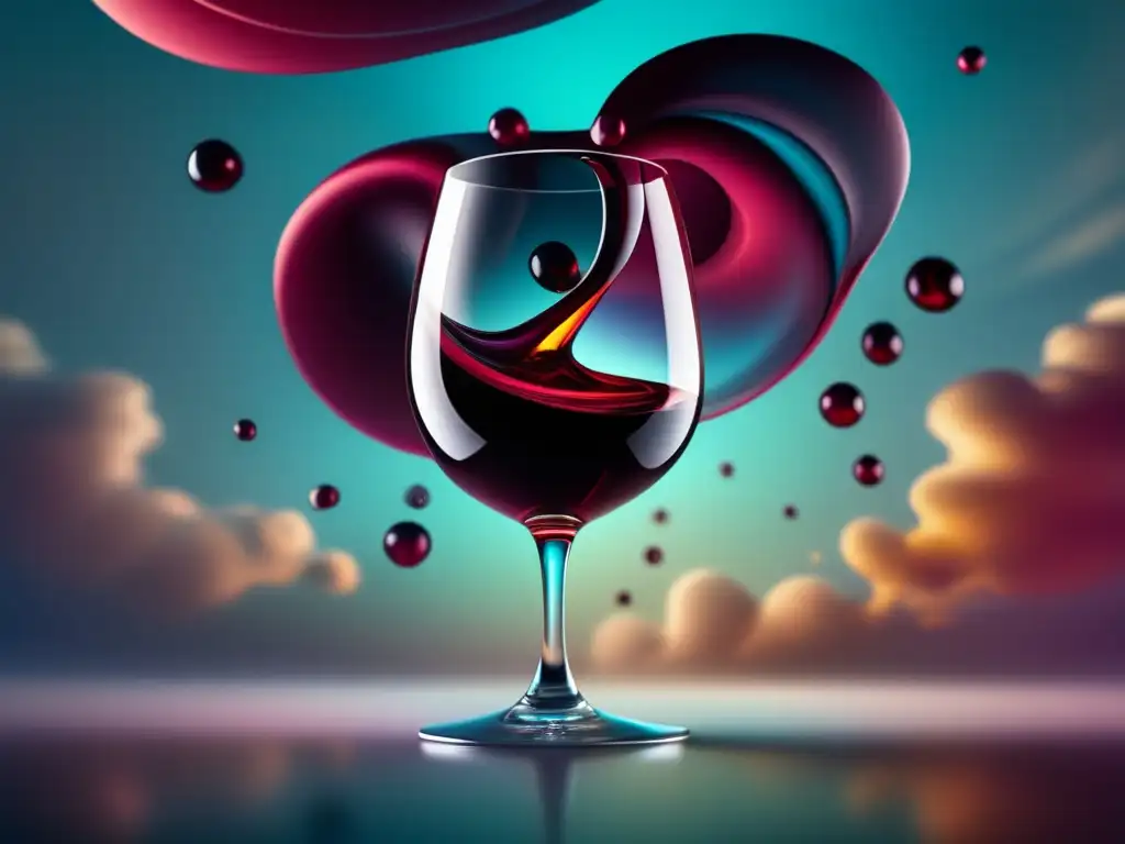 Vino surrealismo literario: copa de vino rojo con colores vibrantes y surrealistas