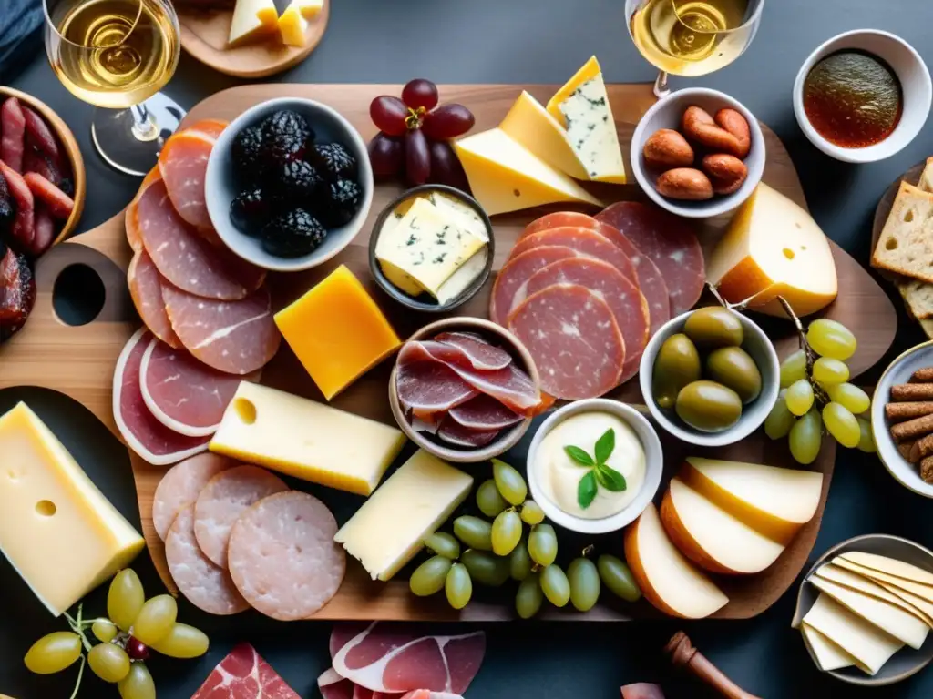 Tabla de embutidos y vinos bajos en carbohidratos, con deliciosos aperitivos keto