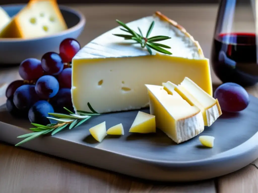 Tabla de queso brie con uvas y vino, perfecta para vinos franceses