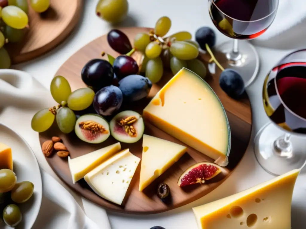 Tabla de quesos y vinos españoles: Manchego, Idiazabal, Tetilla, jamón, aceitunas, frutas frescas, vino tinto español