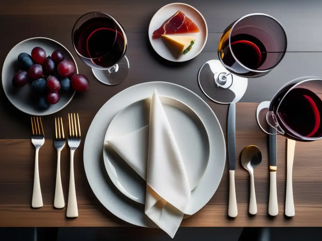 Elegante mesa de vino y gourmet Talleres de maridaje de vinos: Mesa elegante con copas de vino, comida gourmet y luz suave