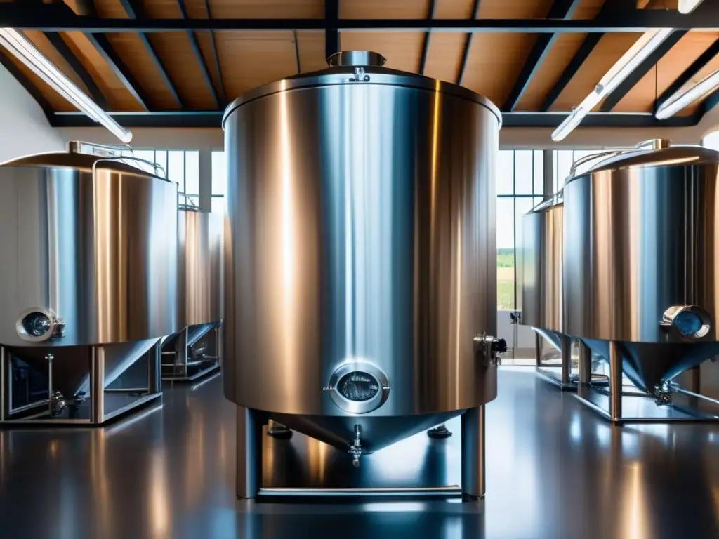 Tanque de fermentación de acero inoxidable en una bodega, reflejando su superficie brillante y moderna