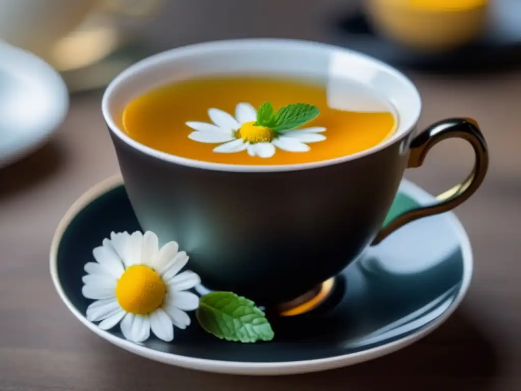 Una taza de té de hierbas elegante con colores vibrantes y aromas relajantes