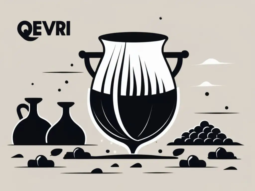 Técnica de vinificación en qvevri: ilustración minimalista en blanco y negro que muestra el proceso de fermentación natural con qvevri y uvas