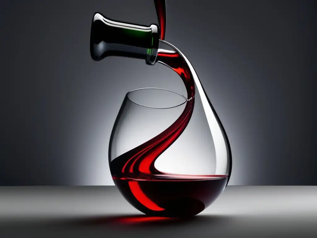 Técnica de decantación natural en vino: Imagen minimalista que muestra un elegante decantador de vidrio transparente con vino rojo rico y profundo siendo vertido con gracia