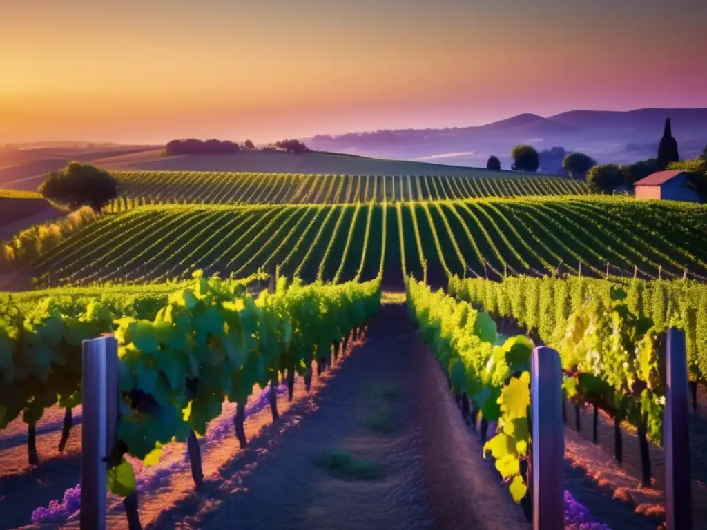 Técnicas autenticidad vinos veganos: Viñedo al atardecer, uvas moradas y verdes resaltan en el cielo dorado