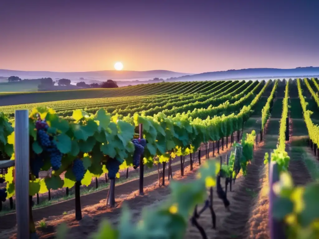 Técnicas autenticidad vinos veganos: viñedo al atardecer con uvas púrpuras, resaltando la pureza y belleza de los vinos veganos