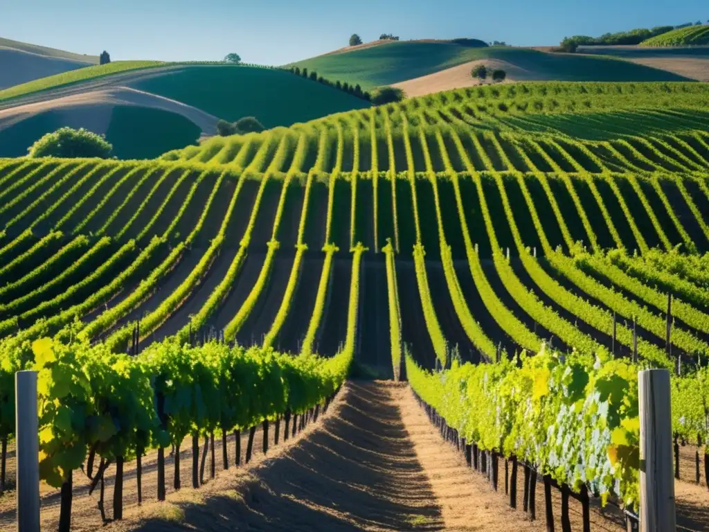 Adaptación de técnicas de vinificación al cambio climático: viñedo soleado en colina, vides verdes y suelo dorado, cielo azul sereno