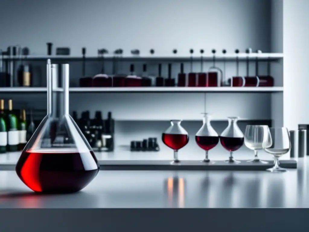 Técnicas de envejecimiento acelerado de vinos: laboratorio minimalista con beaker de vino, ultrasonidos y enzimas