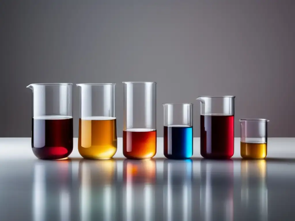 Técnicas de envejecimiento acelerado de vinos: laboratorio con beakers de colores, simetría, sombras sutiles, estética moderna y cautivadora