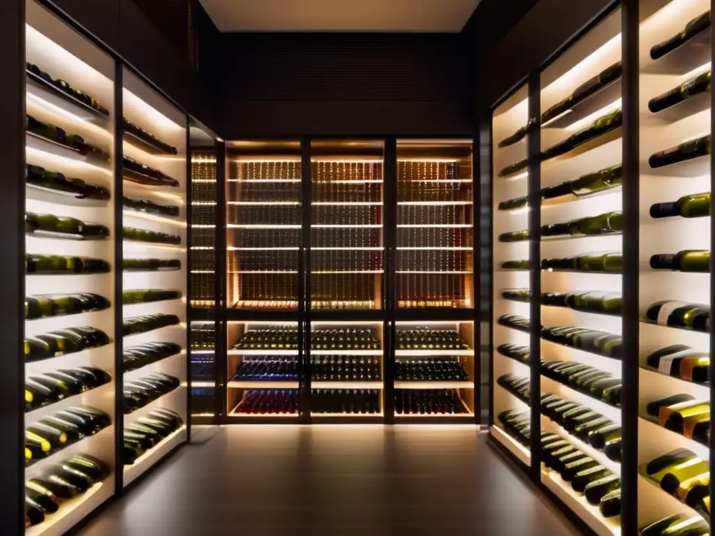 Técnicas futuristas preservar esencia vino en una bodega minimalista con paredes de cristal y estantes llenos de botellas alineadas