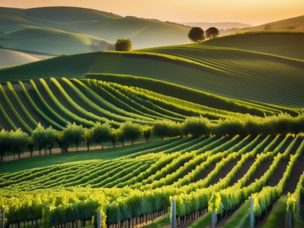 Técnicas futuristas preservar esencia vino: paisaje minimalista de viñedos verdes y dorada puesta de sol