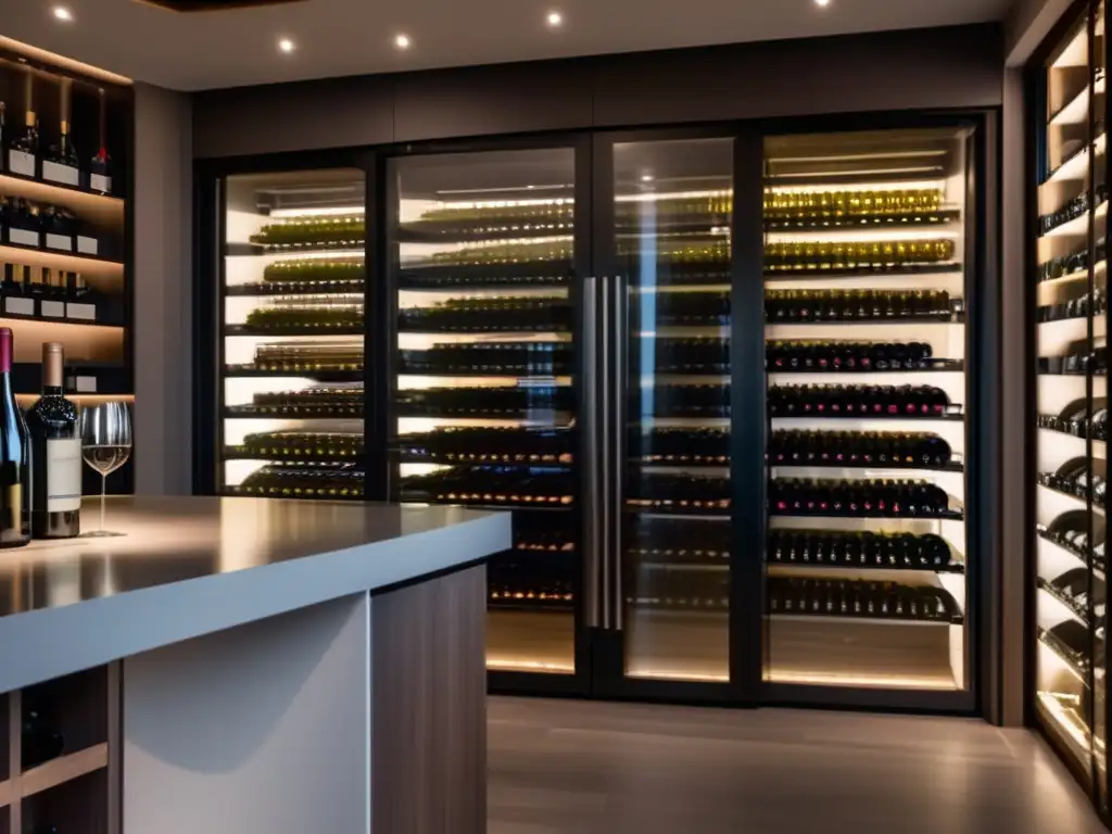 Técnicas de guarda y maduración de vinos en una elegante bodega con paredes de vidrio, iluminación suave y control de temperatura