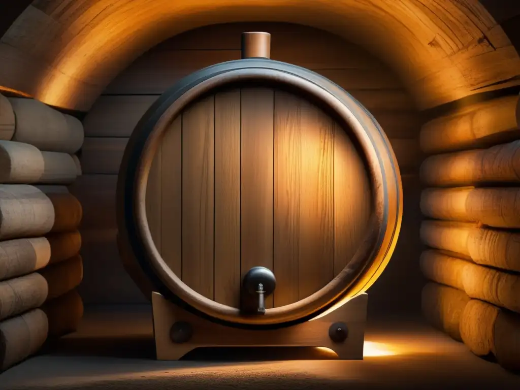 Técnicas de guarda y maduración de vinos: Barril de roble dorado en bodega rústica