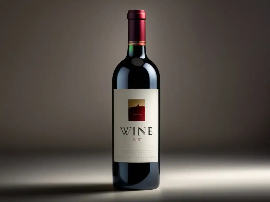 Técnicas de guarda y maduración de vinos: Botella de vidrio transparente con vino tinto de color intenso y etiqueta elegante