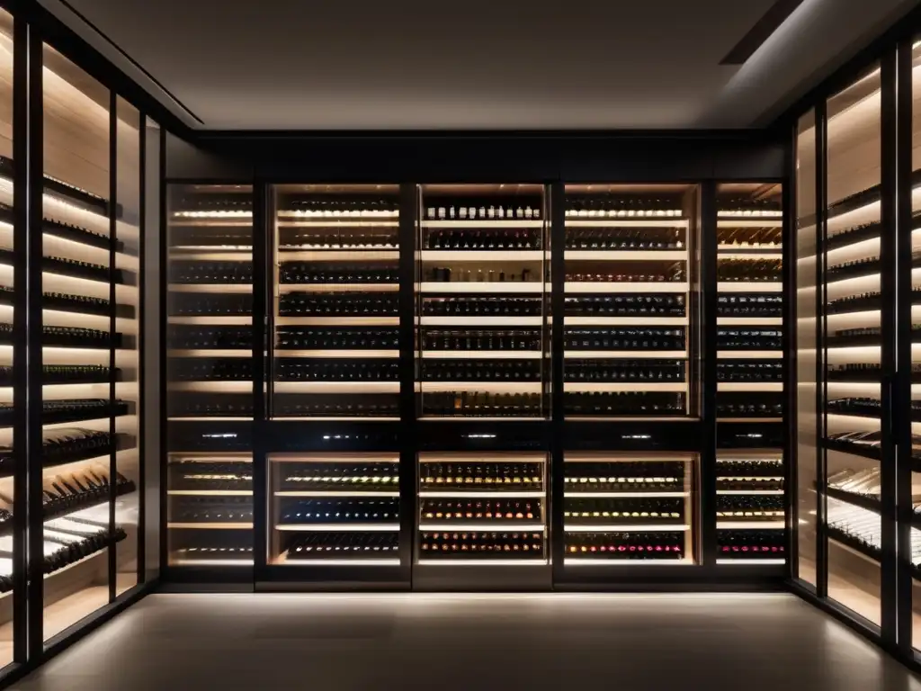 Técnicas de guarda y maduración de vinos en una impresionante bodega minimalista iluminada con suave luz ambiental