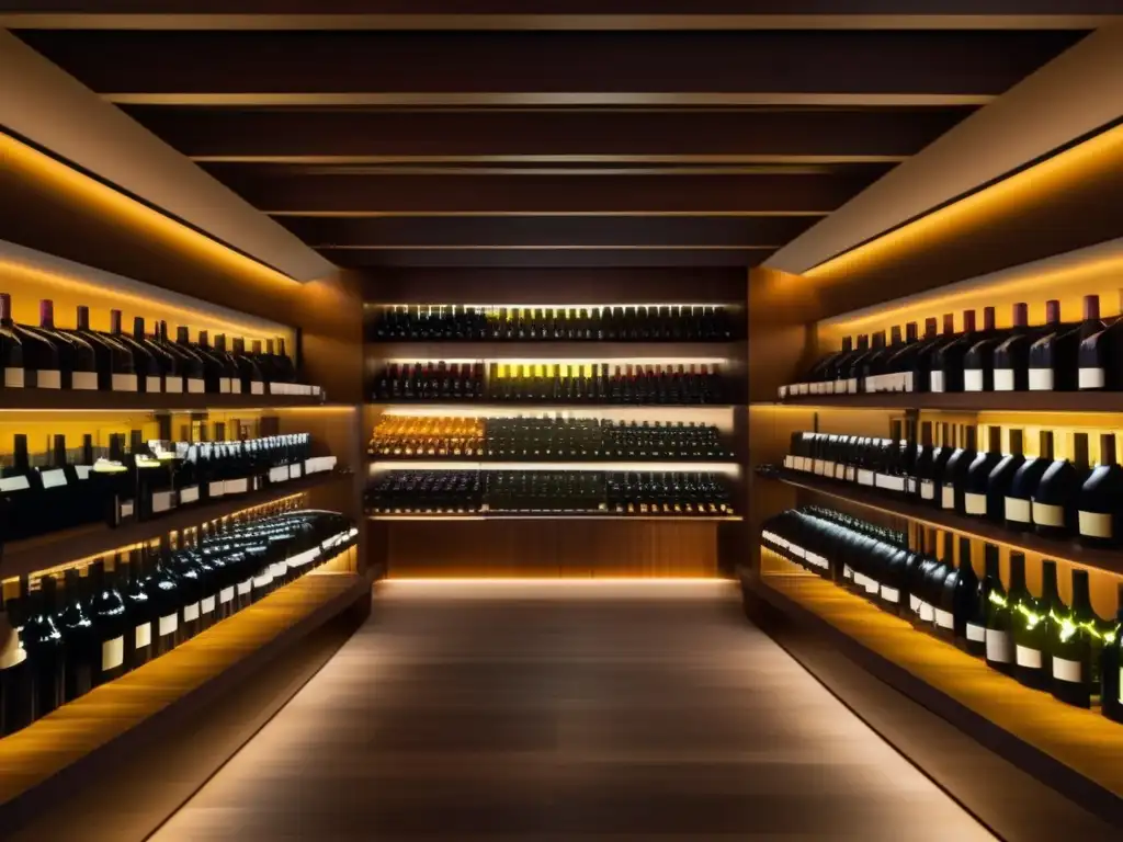 Técnicas de guarda y maduración de vinos: Bodega minimalista con botellas de vino organizadas en estanterías de madera oscura