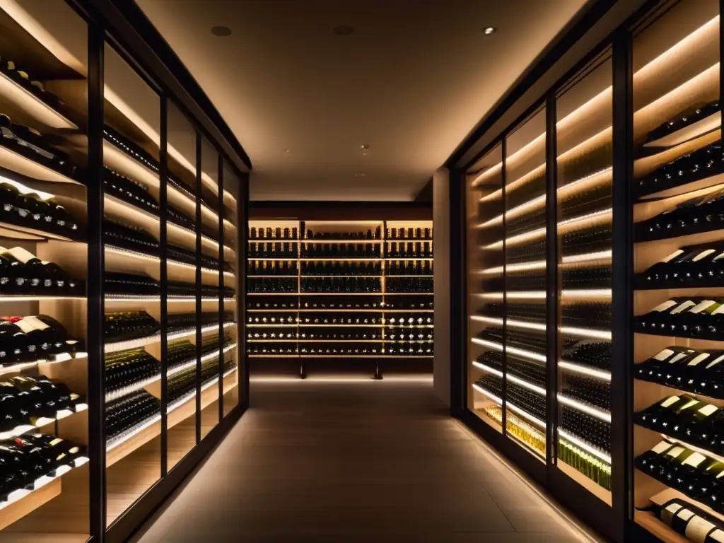 Técnicas de guarda y maduración de vinos en una bodega minimalista con elegante exhibición de botellas cuidadosamente organizadas