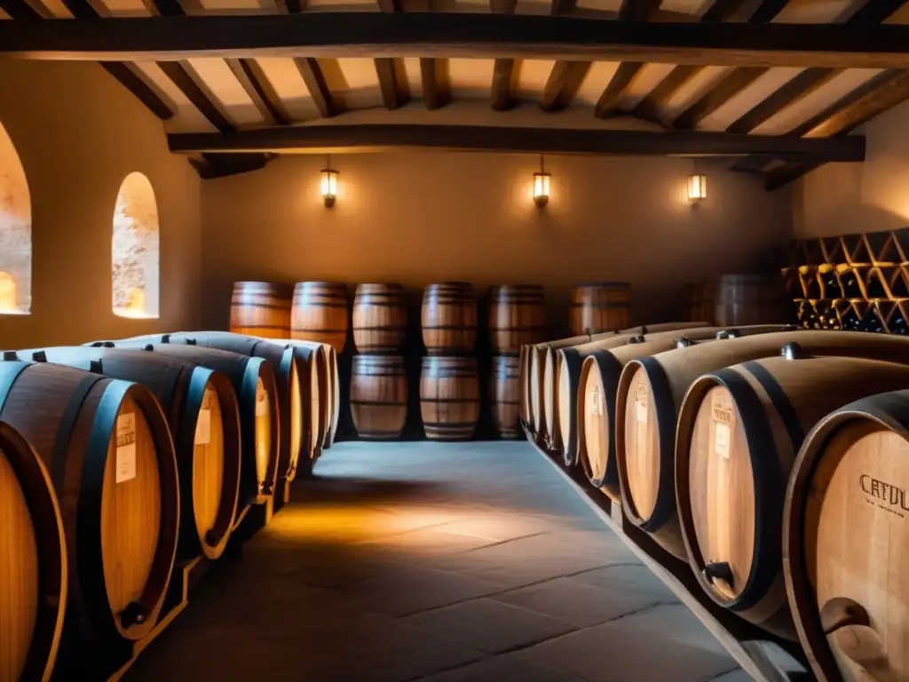 Técnicas de vinificación históricas y contemporáneas - Bodega de vino centenaria, barricas de madera envejecidas y luz tenue