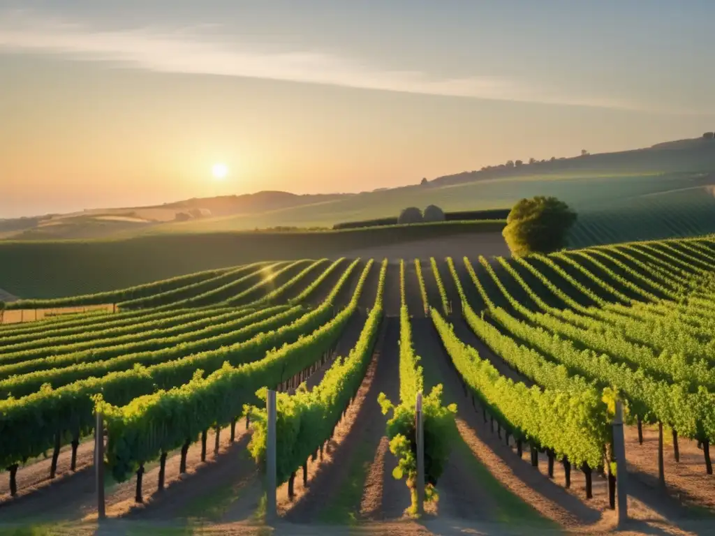 Técnicas innovadoras vinificación sudamericana: Viñedo biodinámico al amanecer, con filas de frondosas vides verdes y una atmósfera serena