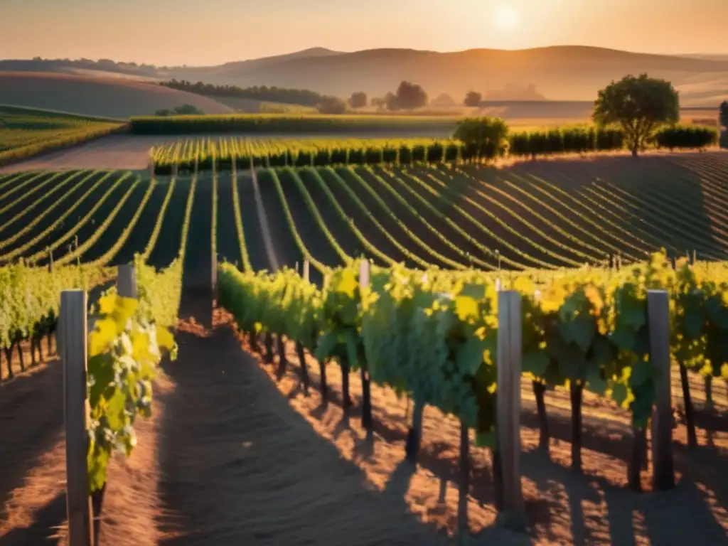 Técnicas innovadoras de Álvaro Palacios en el viñedo: Escena serena de viñedo al atardecer, con filas ordenadas de vides verdes y sombras largas