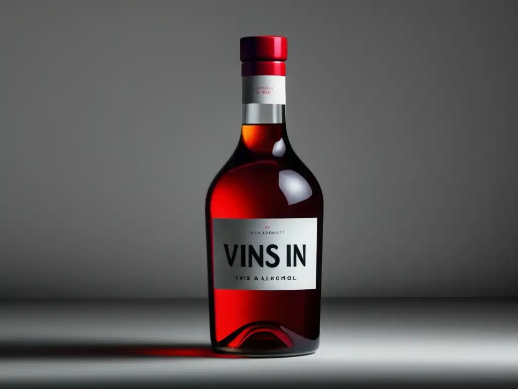 Técnicas innovadoras producción vinos sin alcohol: botella de vidrio transparente con líquido rojo rubí, etiqueta elegante, gota suspendida en el aire