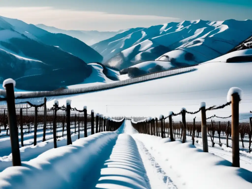 Técnicas de vinificación en terrenos extremos: paisaje montañoso cubierto de nieve, viñedo con vides podadas en primer plano