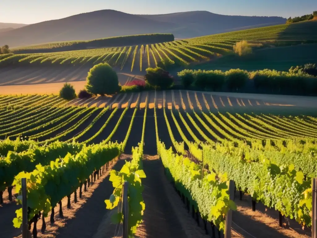 Técnicas de vendimia optimizadas en un viñedo al atardecer, con uvas maduras y simetría perfecta