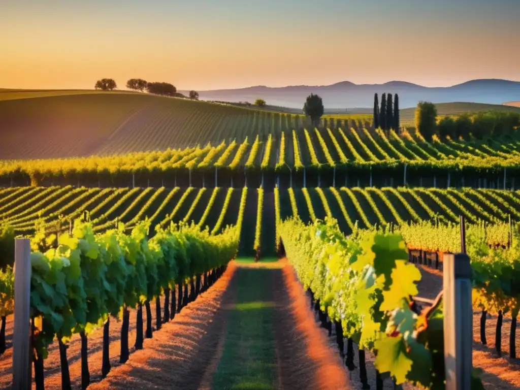 Técnicas vinificación vinos veganos en viñedo al atardecer