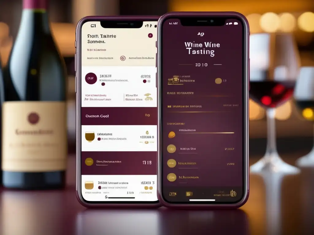 Tecnología digital en la experiencia vinícola: app elegante muestra opciones de vino, descripciones detalladas, puntuaciones y maridajes sugeridos