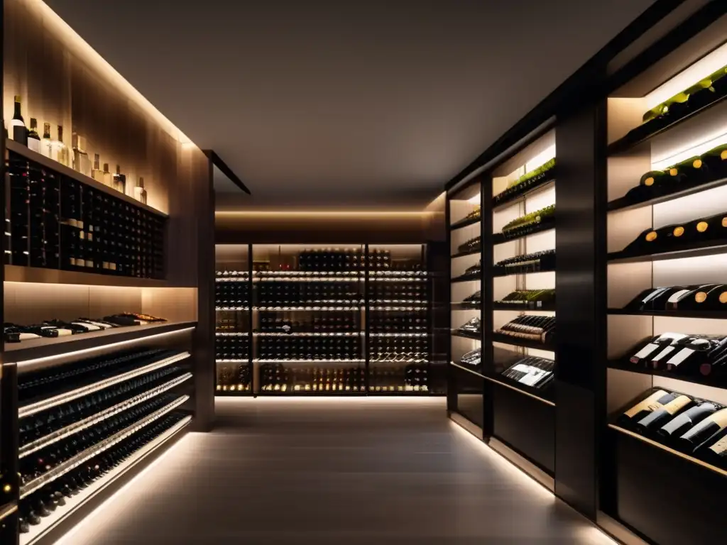 Tecnología digital en la experiencia vinícola: bodega minimalista con paredes de vidrio, iluminación suave y sistema de inventario de vinos