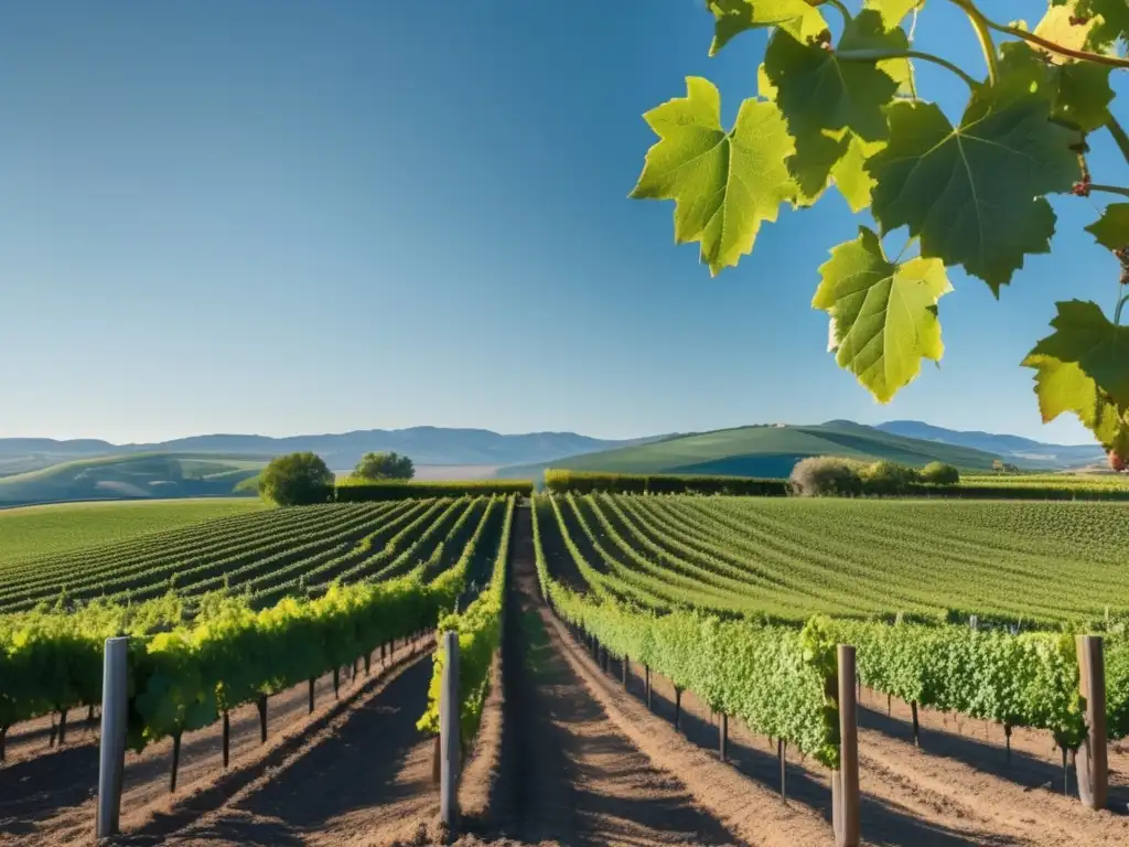 Tecnología digital en la experiencia vinícola: paisaje sereno de viñedos en 8K, hojas verdes y suelo marrón