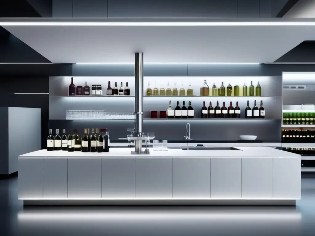 Tecnología de laboratorio para vinos personalizados: Un espacio minimalista y futurista con equipos avanzados y una estética impecable