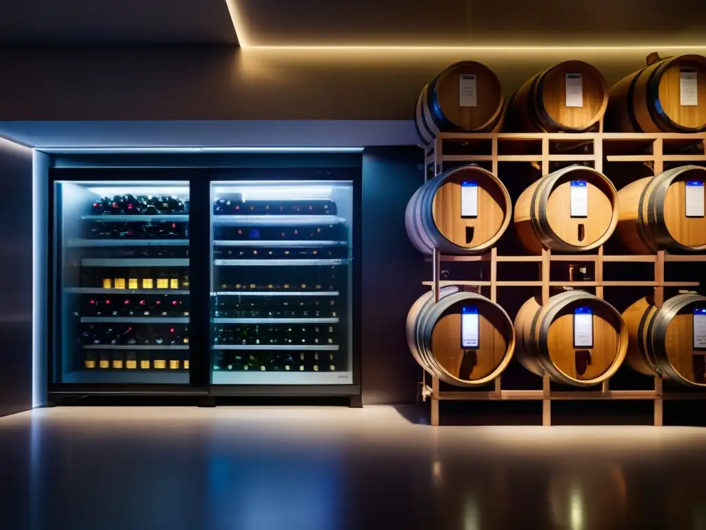 Tecnología en la vinificación contemporánea: cámara de fermentación de vino minimalista y futurista, con control preciso de temperatura y humedad, barriles de vino etiquetados con variedades de uva y ambiente sofisticado