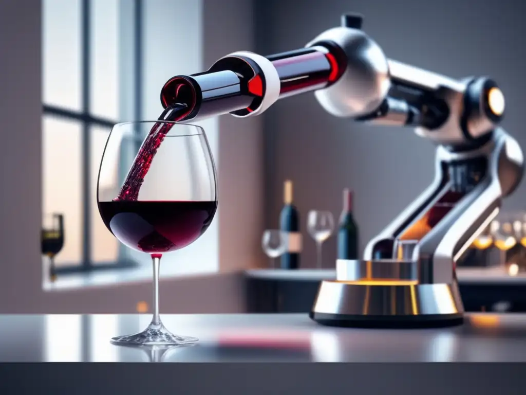 Tecnologías emergentes en vinificación actual: Robótica de precisión sirviendo vino tinto en copa de cristal